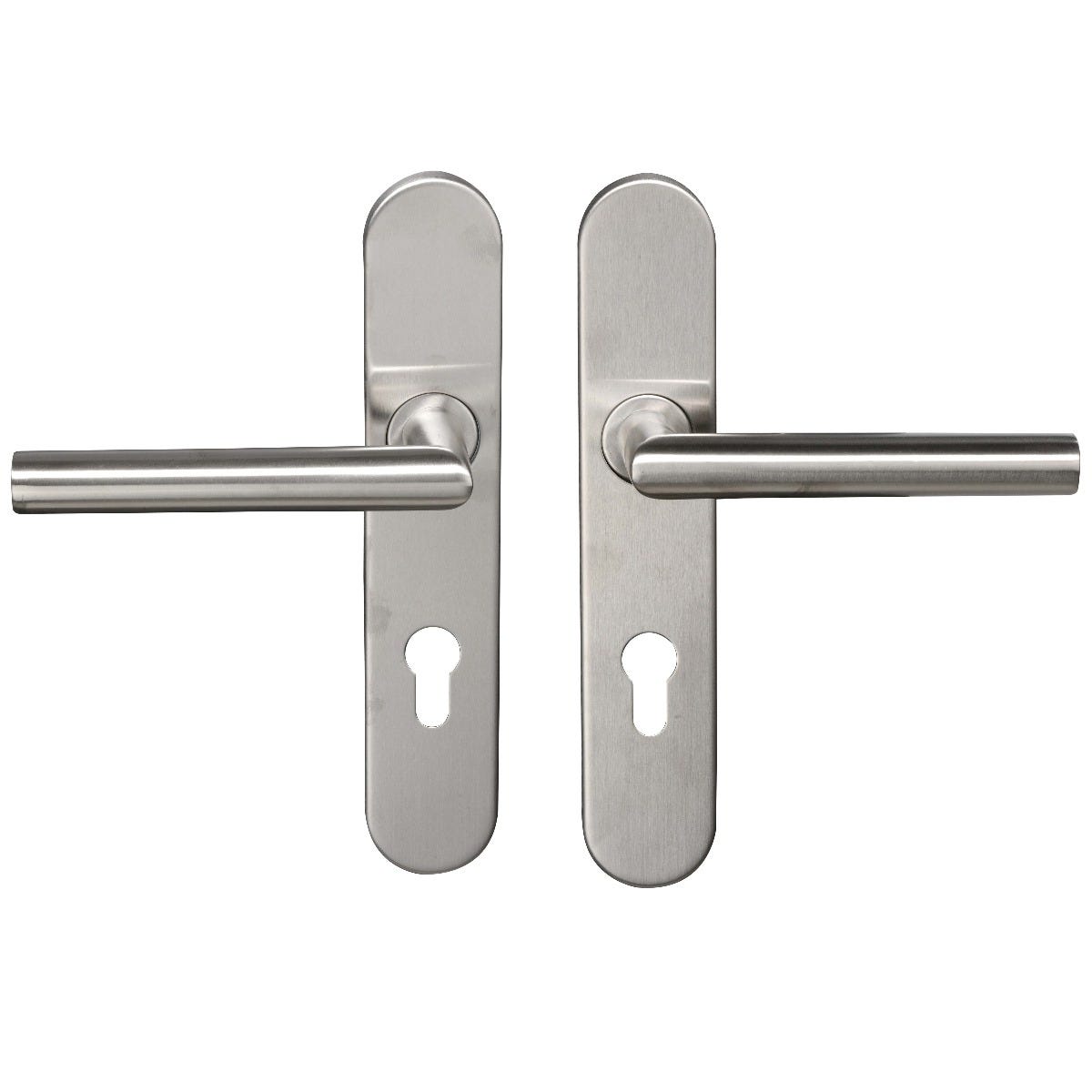 Ensemble de poignées de porte d'entrée sur plaque – Tempo Disco 666468 – Bricard – inox 304, entraxe 195 mm, trou de cylindre