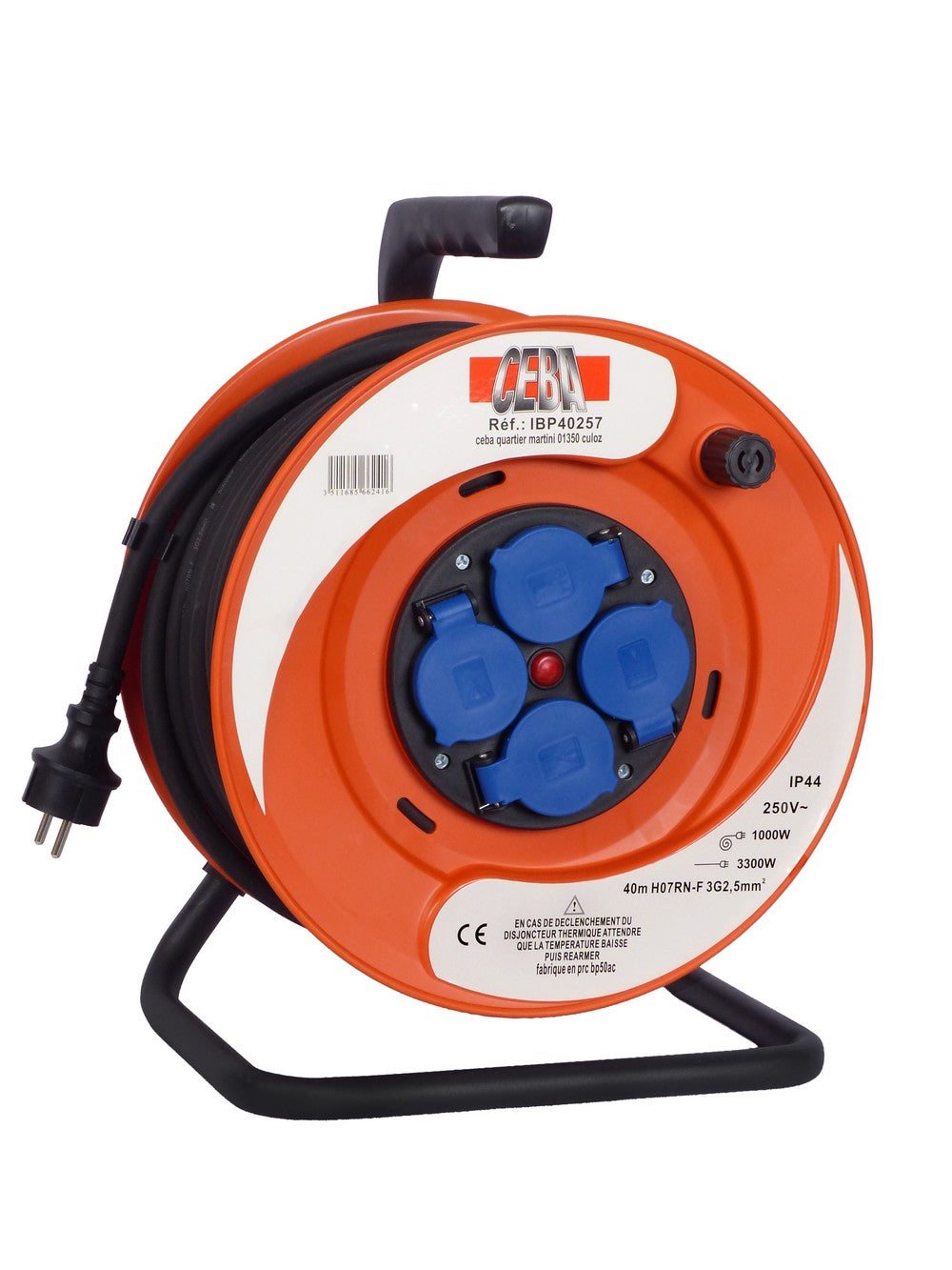 Enrouleur électrique IBP 40 m H07RN-F 3G2,5 4 prises avec disjoncteur thermique IP44 – CEBA