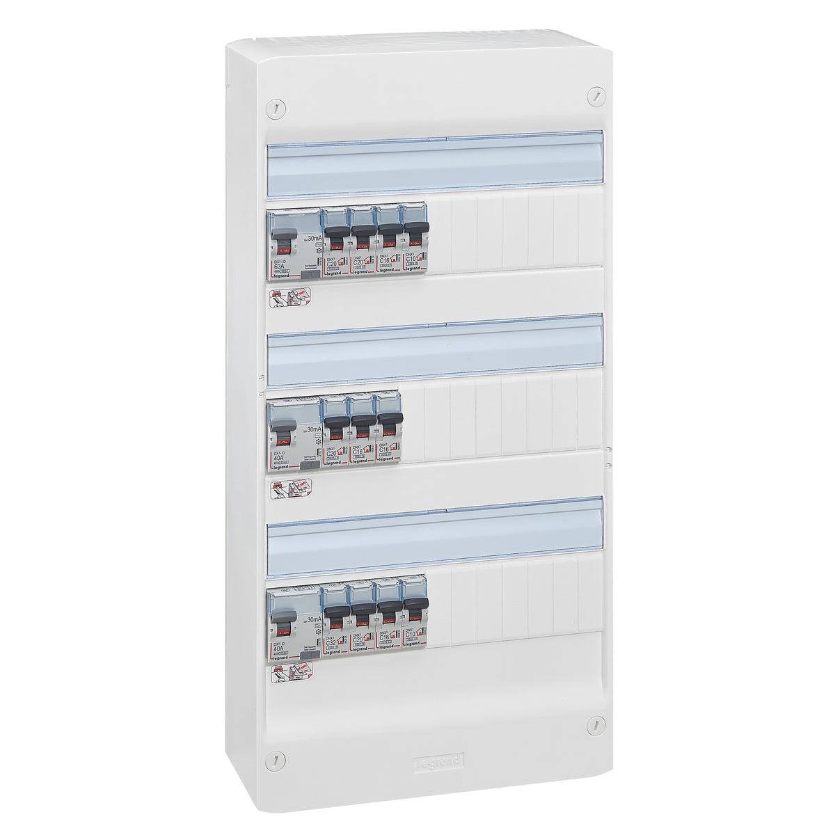Tableau électrique pré-équipé et pré-câblé 3 rangées 13 modules – Legrand – 3 interrupteurs différentiels + 11 disjoncteurs