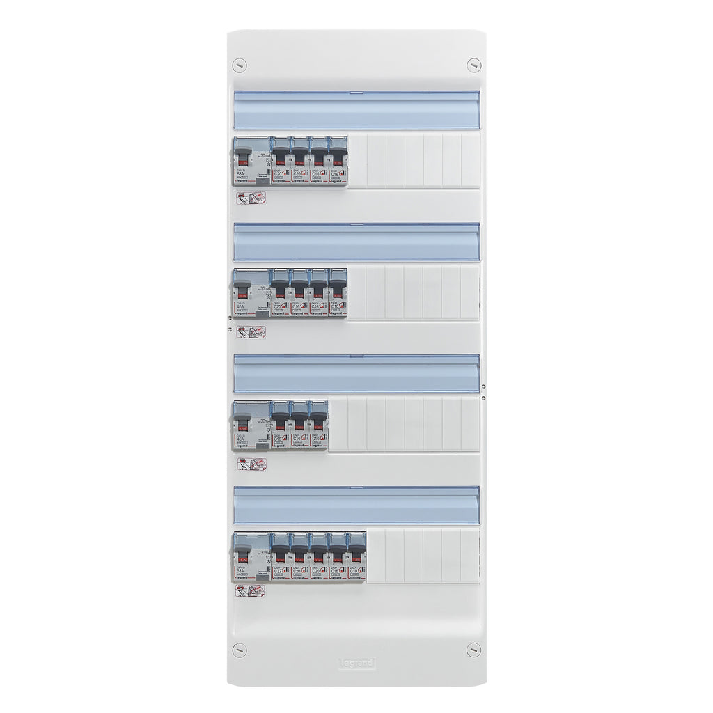 Tableau électrique pré-équipé et pré-câblé 4 rangées 13 modules – Legrand – 4 interrupteurs différentiels + 16 disjoncteurs