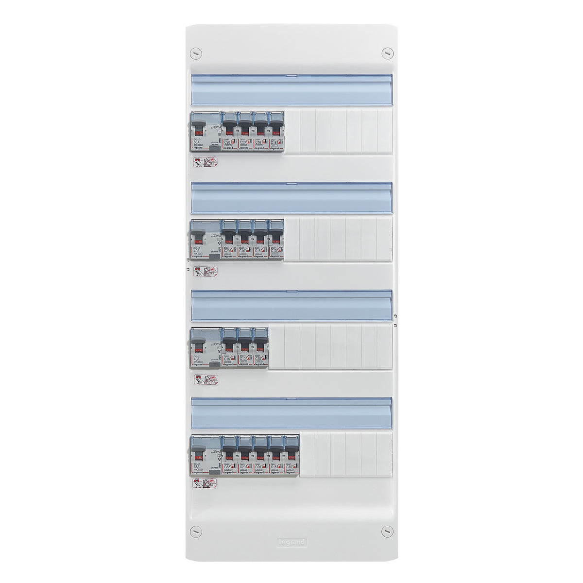 Tableau électrique pré-équipé et pré-câblé 4 rangées 13 modules – Legrand – 4 interrupteurs différentiels + 16 disjoncteurs