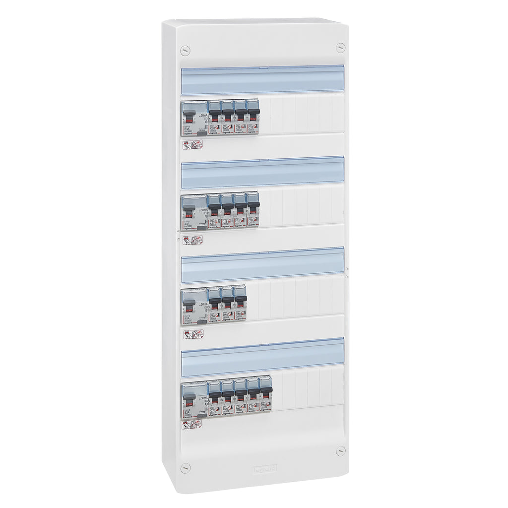 Tableau électrique pré-équipé et pré-câblé 4 rangées 13 modules – Legrand – 4 interrupteurs différentiels + 16 disjoncteurs