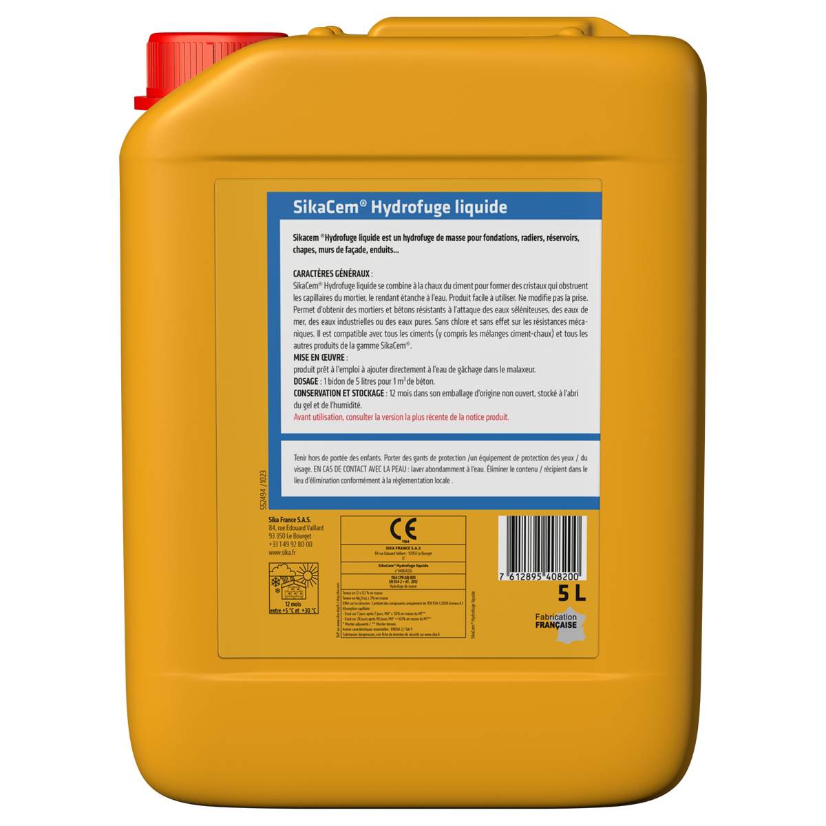 Hydrofuge de masse liquide pour béton et mortier – SikaCem Hydrofuge liquide – Sika – bidon 5 L – photo 2