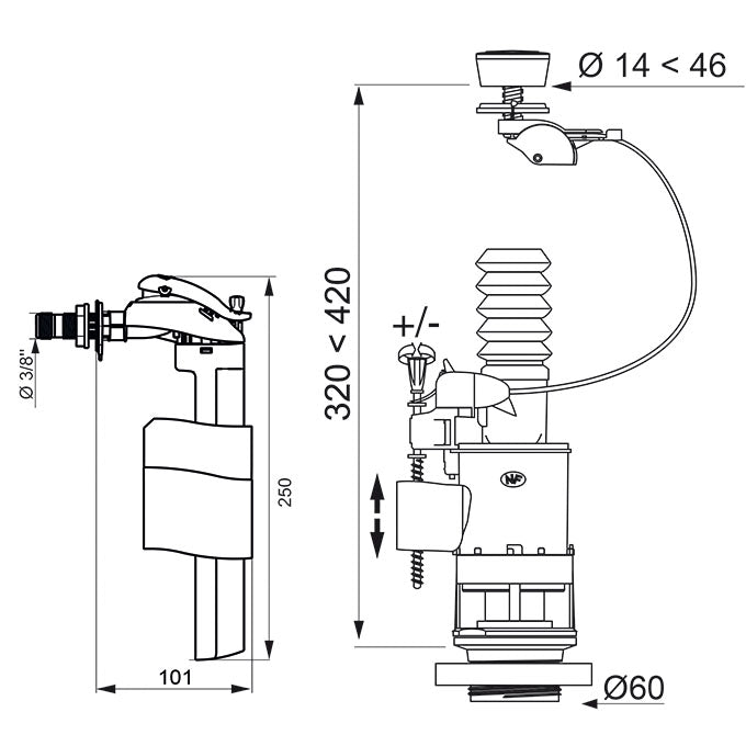 Mécanisme WC double chasse à câble MW² + robinet flotteur latéral F90 – Wirquin 10724038
