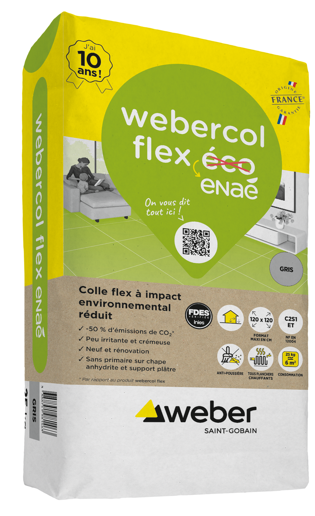 Mortier-colle carrelage C2 S1 ET colle flex enaé (ex-webercol flex éco) gris – Weber – sac 25 kg – photo 2