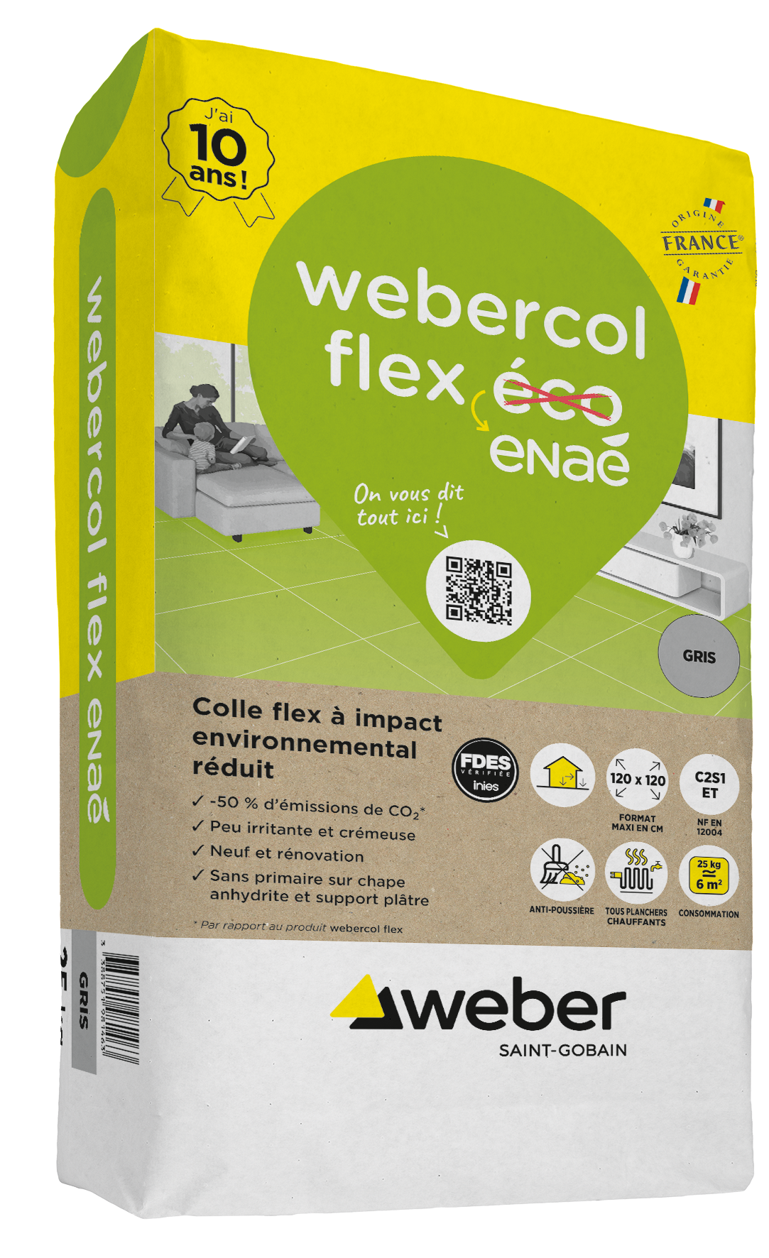 Mortier-colle carrelage C2 S1 ET colle flex enaé (ex-webercol flex éco) gris – Weber – sac 25 kg – photo 2