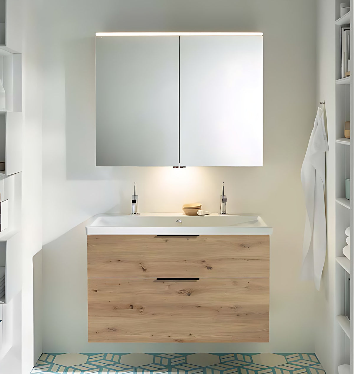 Meuble vasque Eqio Smart 2 tiroirs, plan céramique simple vasque